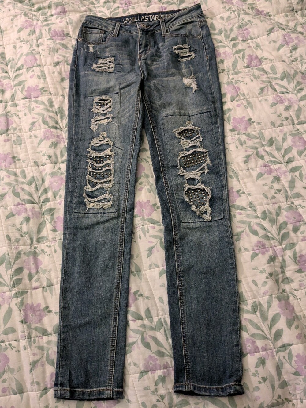 Vanilla Star Light Blue Mid Rise Skinny Distress Jeans W/ Metal Stud Gem Details